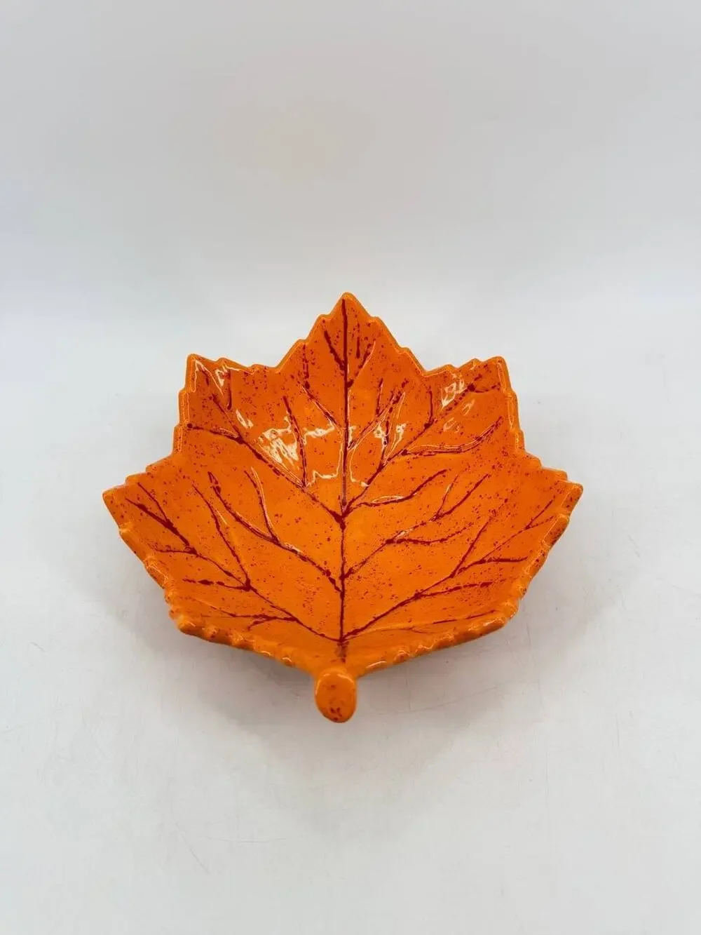 Rebecca Signed Ceramic Maple Leaf Dish Orange Red Speckled Fall Decor